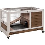 Pawhut - clapier  lapin sur roulettes cage  lapin 2 tages porte verrouillable toit ouvrant plateau ...