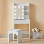 Clipop - coiffeuse d'angle led blanche avec tiroirs, 1 miroir coulissant, tagres et tabouret, meubles ...