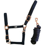 Cob, bleu marine: licol en nylon avec renfort en n�opr�ne et boucles chrom�es couleur or rose