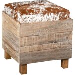 Coffre pouf carr en bois recycl et peau de vache