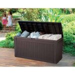 Coffre de rangement 'comfy' en re'sine effet bois a' larges lattes pour ranger outils coussins pour terrasses ...