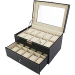 Coffret  montres, boite pour montres et bracelets, 20 montres avec vitre et tiroir, noir / beige, dimensions: ...