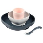 Coffret repas silicone bebe, avec ventouse, anti - derapant, 4 pieces, assiette + bol + verre + cuillere, ...