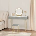 Coiffeuse en bois et métal avec miroir led, table de maquillage luminosité réglable, avec tabouret de ... Coiffeuse en bois et métal avec miroir led, table de maquillage luminosité réglable, avec tabouret de ...