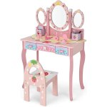 Costway - coiffeuse pour enfants 2 en 1 avec miroir amovible pliable chaise 3 tiroirs 2 bo�tes de rangement ...