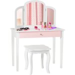 Goplus - coiffeuse pour enfant avec miroir pliant, inclus de table de maquillage et tabouret, 1 grand ...
