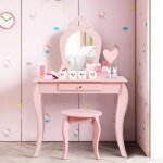 Costway - coiffeuse pour enfant avec miroir, inclus de table de maquillage et detabouret, dessus amovible, ...
