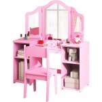 Coiffeuse pour filles 3 + ans, 2 en 1 table chaise avec tagres ouvertes, miroir amovible  trois volets, ...