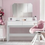 Ml - design - coiffeuse avec miroir rabattable 3 pcs, blanc 100x40x140 cm, 2 tiroirs et 3 compartiments ...