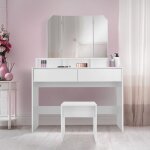 Ml - design - coiffeuse avec miroir rabattable 3 pcs et tabouret, blanc, 100x40x140 cm, 2 tiroirs et ...