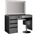 Vicco - coiffeuse sherry, anthracite, 120 cm avec miroir led et tabouret