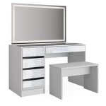 Vicco - coiffeuse sherry, blanc, 120 cm avec miroir led et banc