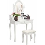 Coiffeuse table de maquillage avec miroir rond, tiroirs et tabouret en coussin doux, pieds en bois de ...