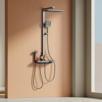Emke - colonne de douche thermostatique, 40 cm étagère en verre, douche de tête, 3 modes douchette à ... Emke - colonne de douche thermostatique, 40 cm étagère en verre, douche de tête, 3 modes douchette à ...
