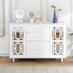Commode 147 cm, avec 2 portes en miroirs, 4 tiroirs, 2 �tag�res r�glable, style moderne, buffet - blanc ...
