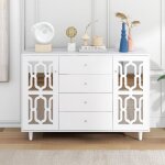 Commode 147 cm, avec 2 portes en miroirs, 4 tiroirs, 2 tagres rglable, style moderne, buffet - blanc ...