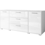 Commode 150 cm bogota, commode, buffet de salon, bahut, couleur blanc / blanc brillant