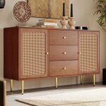 Commode en bois massif, buffet en rotin pour salon chambre, pieds en mtal, noyer, avec 2 portes et 3 ...