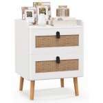 Commode 2 tiroirs, table de chevet avec pieds en bois massif, poign�e noir design, tiroir en rotin boh�me, ...