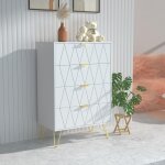 Commode 4 tiroirs, meuble de rangement bois, style simple et lgant, manche et pieds couleurs dores, ...