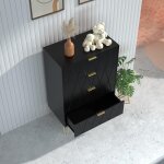 Commode 4 tiroirs, meuble de rangement bois, style simple et lgant, manche et pieds couleurs dores, ...