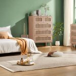 Commode 5 tiroirs avec cannage et d�cor bois ? 60 x 34 x 91 cm, poign�es dor�esid�ale pour salon ou chambre ...