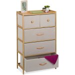 Commode � 5 tiroirs, meuble chambre et salon, hlp : 94 x 58 x 32, 5 cm, tissu, bambou, beige / nature ...