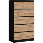 Commode 5 tiroirs, noir mat / ch�ne wotan, 70 � 39 � 125 cm