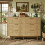 Commode 5 tiroirs en rotin et bois massif, meuble de rangement buffet bahut style maison de campagne ...