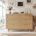 Commode � 6 tiroirs en bambou tress�, buffet bas design naturel avec pieds cylindriques, meuble de rangement ...