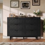 Commode � 6 tiroirs en bambou tress�, buffet bas design naturel avec pieds cylindriques, meuble de rangement ...