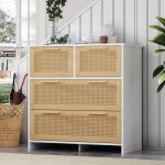 Commode 80 cm, avec 4 tiroirs en rotin, poign�es en bois massif, style campagnard - blanc