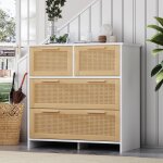 Commode 80 cm, avec 4 tiroirs en rotin, poign�es en bois massif, style campagnard - blanc