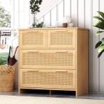 Commode 80 cm, avec 4 tiroirs en rotin, poign�es en bois massif, style campagnard - naturel