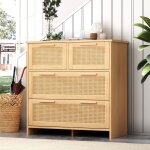 Commode 80 cm, avec 4 tiroirs en rotin, poignes en bois massif, style campagnard - naturel