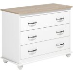 Commode de type chiffonnier blanc avec plateau imitation bois composé de 3 tiroirs aux motifs différent ... Commode de type chiffonnier blanc avec plateau imitation bois composé de 3 tiroirs aux motifs différent ...