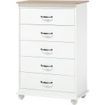 Commode de type chiffonnier blanc avec plateau imitation bois compos de 5 tiroirs aux motifs diffrent ...
