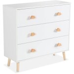 Sweeek - commode enfant. d�cor bois. blanc. 3 tiroirs. pieds et poign�es nuage en pin