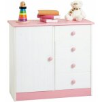 Commode rondo en pin massif, 4 tiroirs et 1 porte, lasuré blanc / rose Commode rondo en pin massif, 4 tiroirs et 1 porte, lasuré blanc / rose