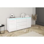 Bratex - commode vera 150 cm, commode, bahut, �clairage led inclus, couleur blanc / blanc brillant