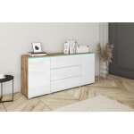 Bratex - commode vera 150 cm, commode, bahut, �clairage led inclus, couleur wotan / blanc brillant