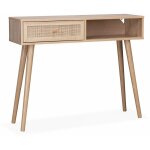 Console en cannage 100x29x81cm - boh�me - naturel. 1 tiroir. 1 espace de rangement. pieds scandinaves ...