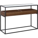 Console moderne avec etagre plateau  4 rangements bois sombre et verre waco