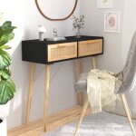 Bonnevie - console table d'appoint - meuble d'entre noir 80x30x75 cm bois massif pin / rotin naturel ...