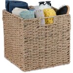 Corbeille de rangement en zost�re, design tress�, pani�re pour salle de bain, hxlxp : 30x30x30 cm, nature ...