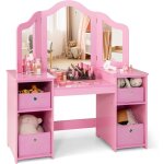 Costway 2 en 1 coiffeuse enfants avec miroir amovible � trois volets, table de maquillage princesse avec ...