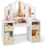 Costway 2 en 1 coiffeuse enfants avec miroir amovible � trois volets, table de maquillage princesse avec ...