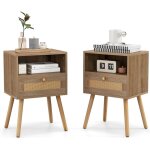 Costway lot de 2 tables de nuit en rotin, table de chevet bois avec tiroir, 4 pieds en pin, design cannage, ...