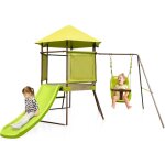 Costway - 4 en 1 aire de jeux portique en bois avec toboggan & sige bb rglable, tour d'escalade enfants ...