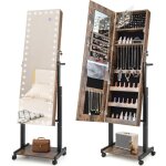 Costway armoire � bijoux � roulettes hauteur r�glables, miroir pleine longueur avec lumi�res led, interrupteur ...